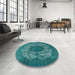 Round Mid-Century Modern Teal Green Oriental Rug in a Office, urb1034