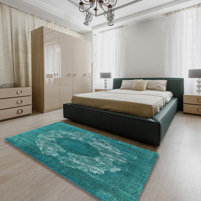 Machine Washable Industrial Modern Teal Green Rug in a Bedroom, wshurb1034