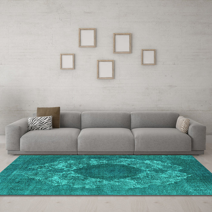Machine Washable Oriental Turquoise Industrial Area Rugs in a Living Room,, wshurb1034turq