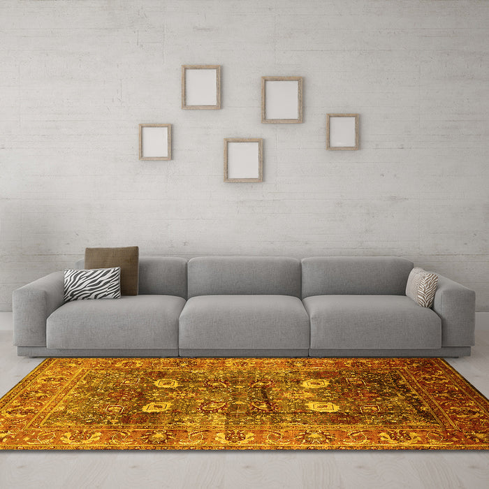 Machine Washable Oriental Yellow Industrial Rug in a Living Room, wshurb1047yw