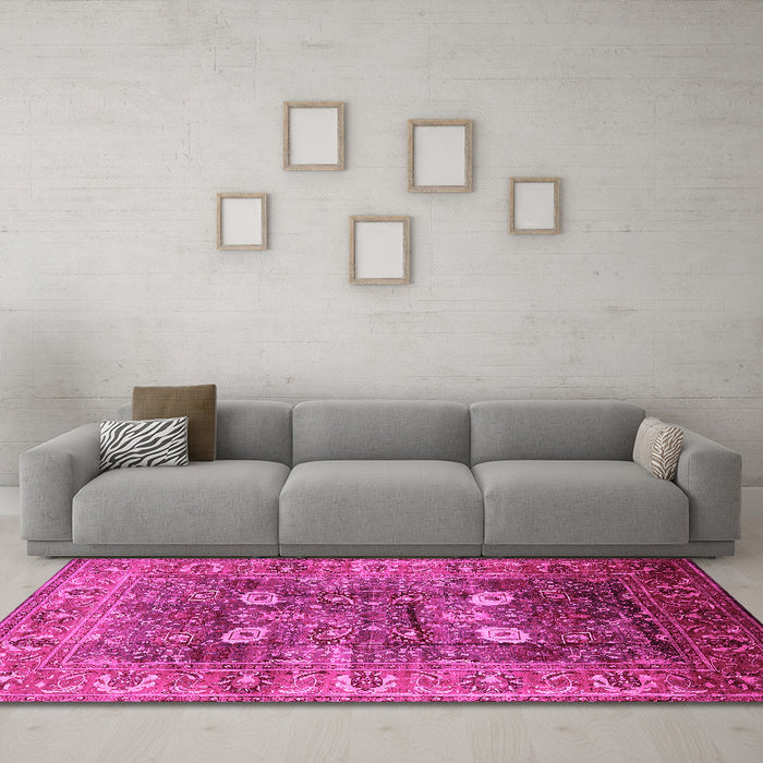 Machine Washable Oriental Pink Industrial Rug in a Living Room, wshurb1047pnk