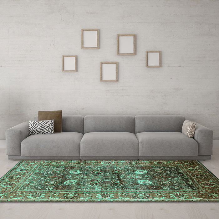 Machine Washable Oriental Turquoise Industrial Area Rugs in a Living Room,, wshurb1047turq