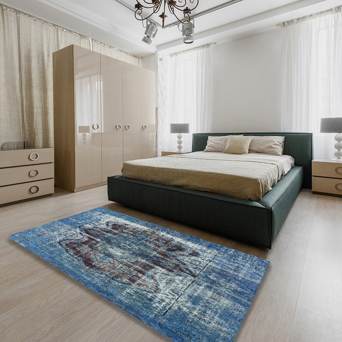 Mid-Century Modern Koi Blue Persian Rug in a Bedroom, urb1049