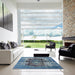 Square Mid-Century Modern Koi Blue Persian Rug in a Living Room, urb1049