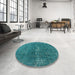 Round Mid-Century Modern Teal Green Oriental Rug in a Office, urb1050