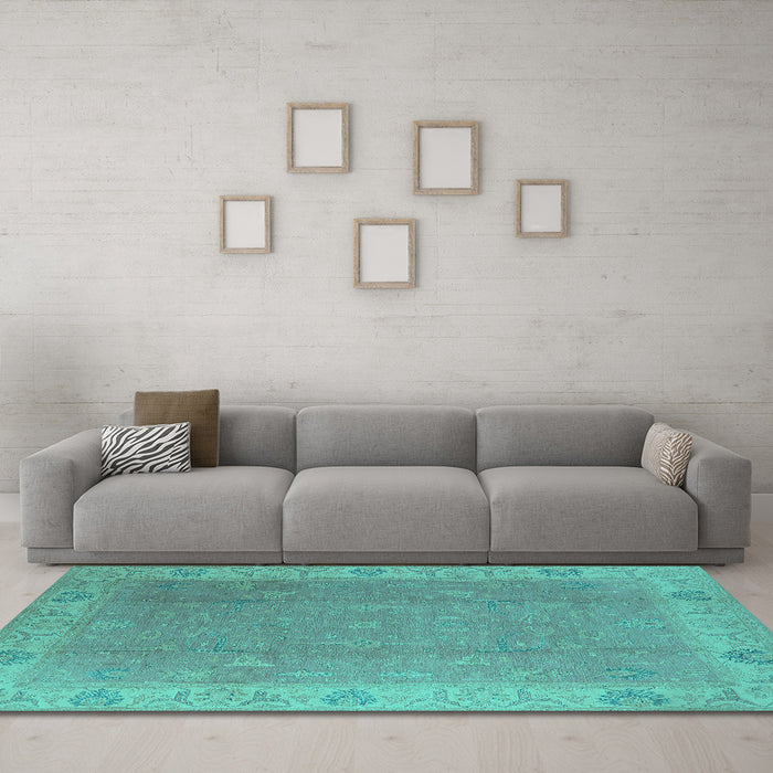 Machine Washable Oriental Turquoise Traditional Area Rugs in a Living Room,, wshurb1051turq