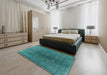 Mid-Century Modern Teal Green Oriental Rug in a Bedroom, urb1053