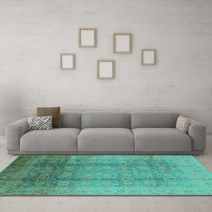 Machine Washable Oriental Turquoise Industrial Area Rugs in a Living Room,, wshurb1054turq