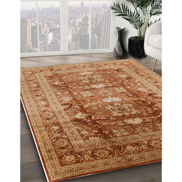 Mid-Century Modern Mahogany Brown Oriental Rug in Family Room, urb1055