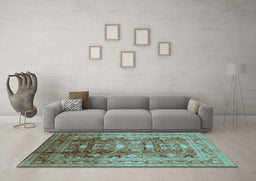 Machine Washable Oriental Light Blue Traditional Rug in a Living Room, wshurb1055lblu