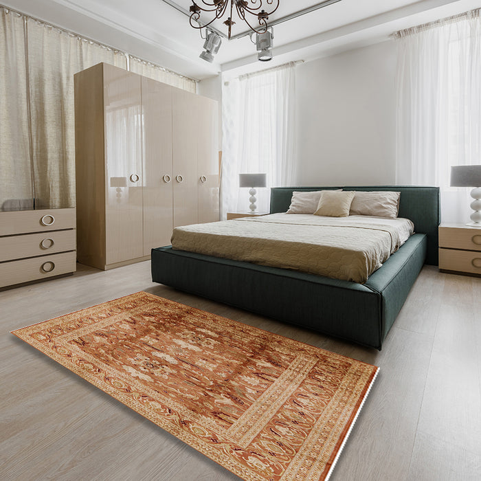 Mid-Century Modern Mahogany Brown Oriental Rug in a Bedroom, urb1055