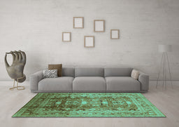 Machine Washable Oriental Turquoise Traditional Area Rugs in a Living Room,, wshurb1055turq