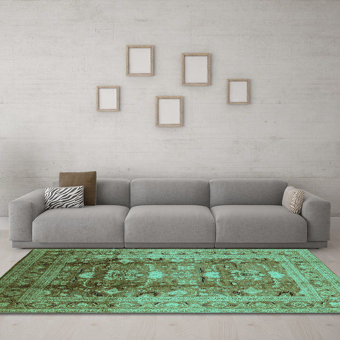 Machine Washable Oriental Turquoise Traditional Area Rugs in a Living Room,, wshurb1055turq