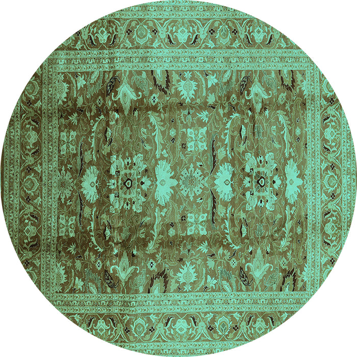 Round Machine Washable Oriental Turquoise Traditional Area Rugs, wshurb1055turq