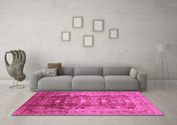 Machine Washable Oriental Pink Traditional Rug in a Living Room, wshurb1055pnk