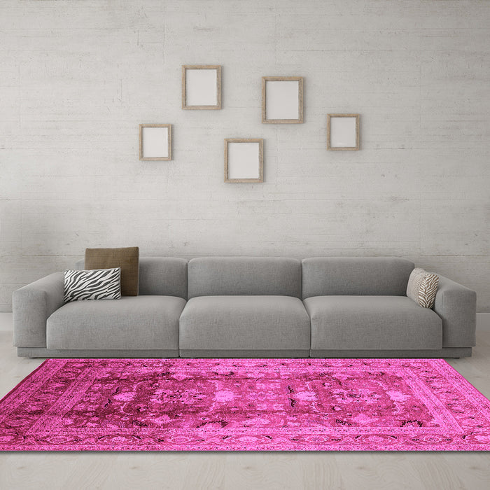 Machine Washable Oriental Pink Traditional Rug in a Living Room, wshurb1055pnk