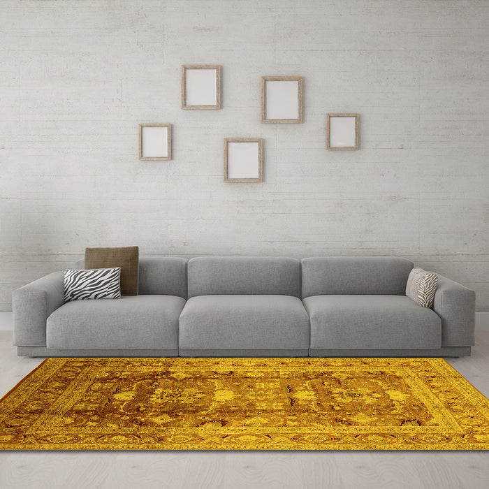 Machine Washable Oriental Yellow Traditional Rug in a Living Room, wshurb1055yw