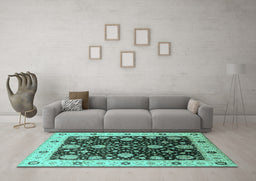 Machine Washable Oriental Turquoise Traditional Area Rugs in a Living Room,, wshurb1056turq