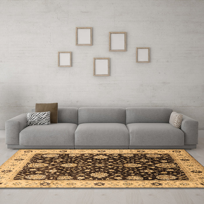 Machine Washable Oriental Brown Traditional Rug in a Living Room,, wshurb1056brn