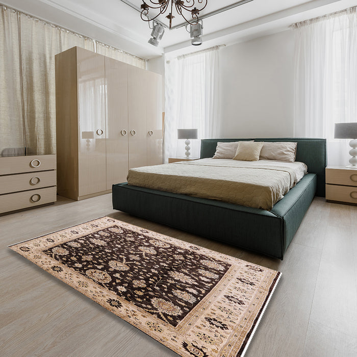 Mid-Century Modern Bakers Brown Oriental Rug in a Bedroom, urb1056