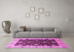 Machine Washable Oriental Pink Traditional Rug in a Living Room, wshurb1056pnk