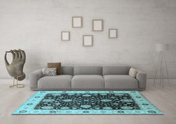 Machine Washable Oriental Light Blue Traditional Rug in a Living Room, wshurb1056lblu