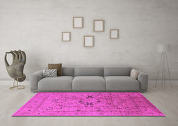 Machine Washable Oriental Pink Traditional Rug in a Living Room, wshurb1057pnk