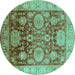 Round Machine Washable Oriental Turquoise Traditional Area Rugs, wshurb1058turq