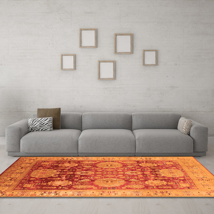 Machine Washable Oriental Orange Traditional Area Rugs in a Living Room, wshurb1058org