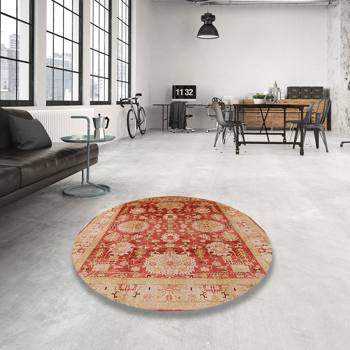 Round Mid-Century Modern Brown Sand Brown Oriental Rug in a Office, urb1058