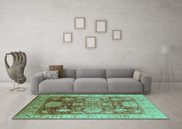 Machine Washable Oriental Turquoise Traditional Area Rugs in a Living Room,, wshurb1058turq