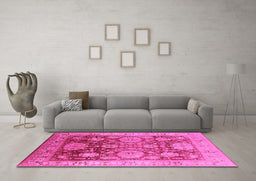 Machine Washable Oriental Pink Traditional Rug in a Living Room, wshurb1058pnk