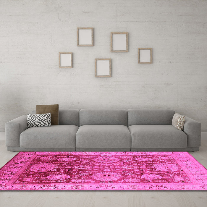 Machine Washable Oriental Pink Traditional Rug in a Living Room, wshurb1058pnk