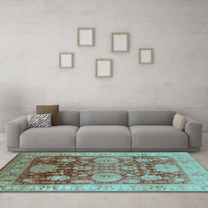 Machine Washable Oriental Light Blue Traditional Rug in a Living Room, wshurb1058lblu