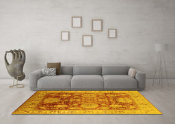 Machine Washable Oriental Yellow Traditional Rug in a Living Room, wshurb1058yw