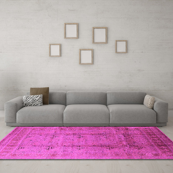 Machine Washable Oriental Pink Traditional Rug in a Living Room, wshurb1059pnk