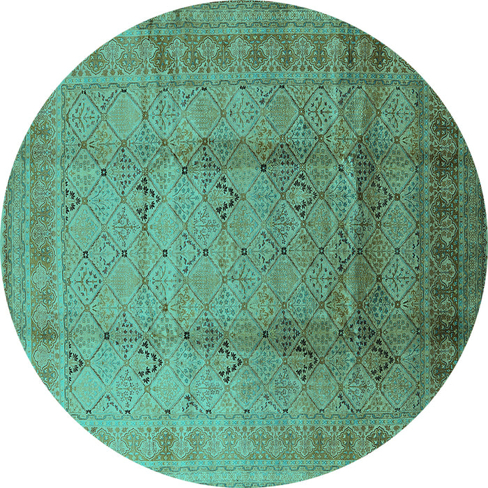 Round Machine Washable Oriental Turquoise Traditional Area Rugs, wshurb1059turq