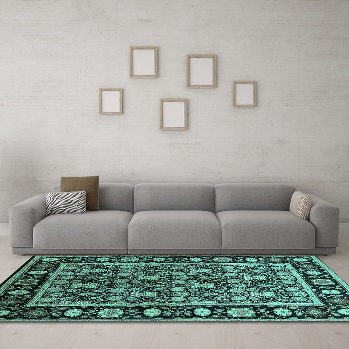 Machine Washable Oriental Turquoise Traditional Area Rugs in a Living Room,, wshurb1060turq