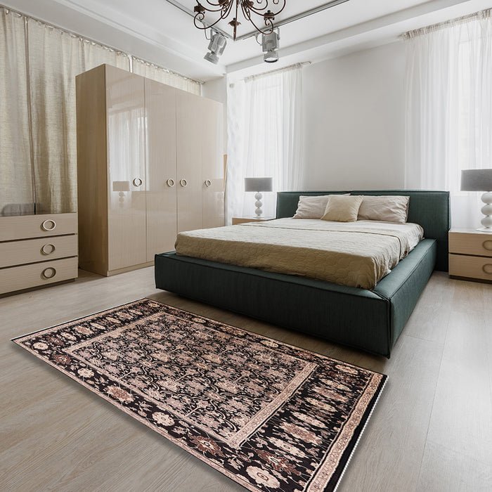 Mid-Century Modern Dark Salmon Pink Oriental Rug in a Bedroom, urb1060