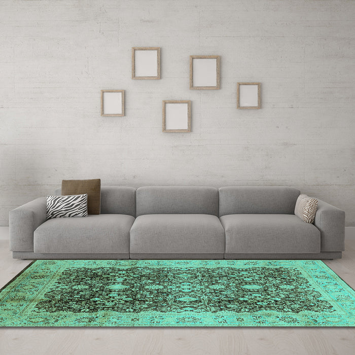 Machine Washable Oriental Turquoise Traditional Area Rugs in a Living Room,, wshurb1062turq