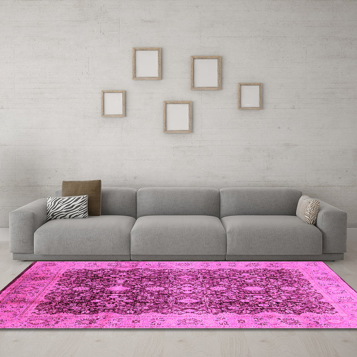 Machine Washable Oriental Pink Traditional Rug in a Living Room, wshurb1062pnk