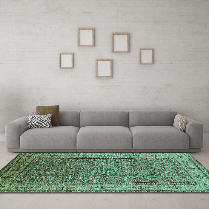 Machine Washable Oriental Turquoise Industrial Area Rugs in a Living Room,, wshurb1063turq