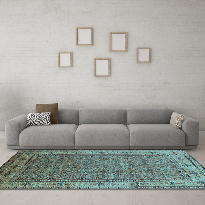 Machine Washable Oriental Light Blue Industrial Rug in a Living Room, wshurb1063lblu
