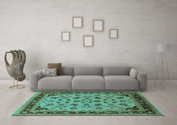 Machine Washable Oriental Turquoise Traditional Area Rugs in a Living Room,, wshurb1065turq