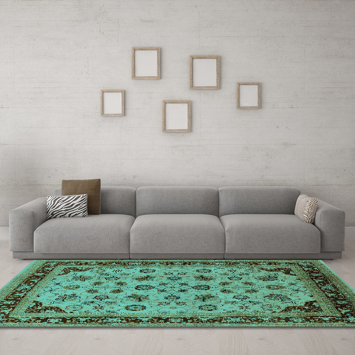 Machine Washable Oriental Turquoise Traditional Area Rugs in a Living Room,, wshurb1065turq