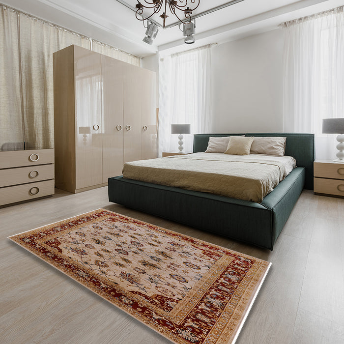 Mid-Century Modern Mahogany Brown Oriental Rug in a Bedroom, urb1065