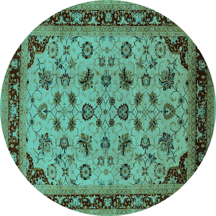 Round Machine Washable Oriental Turquoise Traditional Area Rugs, wshurb1065turq