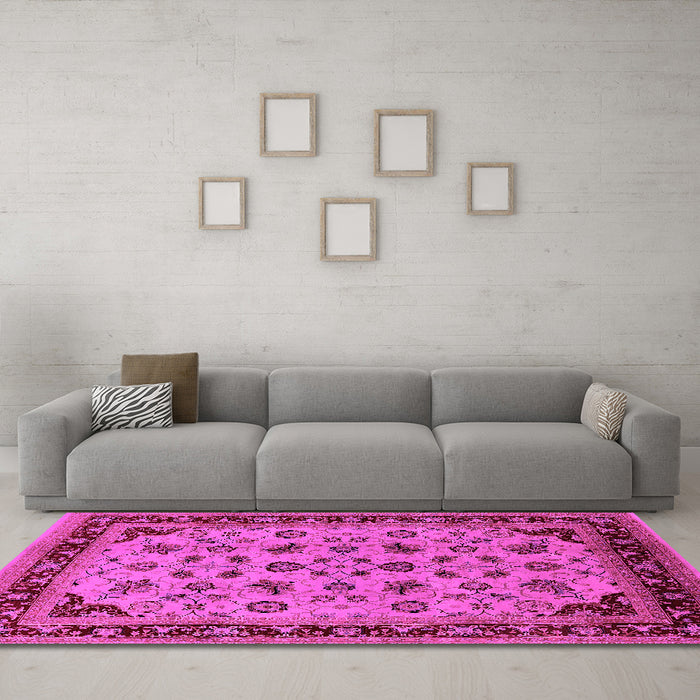 Machine Washable Oriental Pink Traditional Rug in a Living Room, wshurb1065pnk