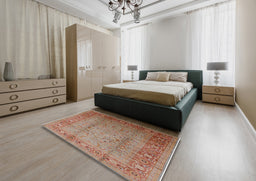 Mid-Century Modern Camel Brown Oriental Rug in a Bedroom, urb1067