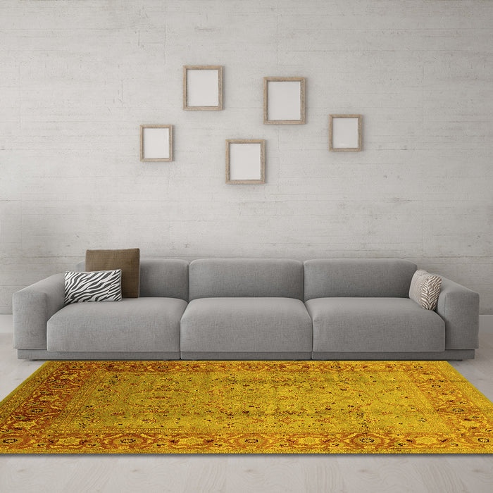 Machine Washable Oriental Yellow Traditional Rug in a Living Room, wshurb1067yw